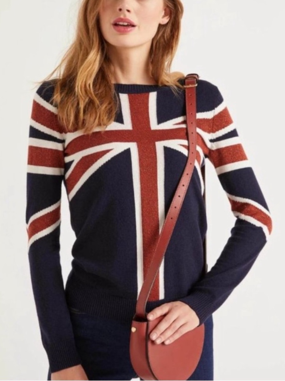Boden Estella Union Jack Jumper Sweater Navy Multi Metallic Knit Medium